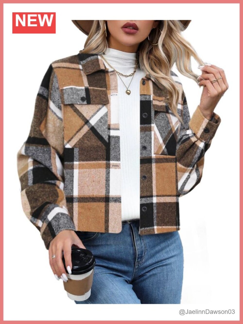 Women's Cropped Plaid Flannel Shacket Button Down Long Sleeve Shirt Jacket